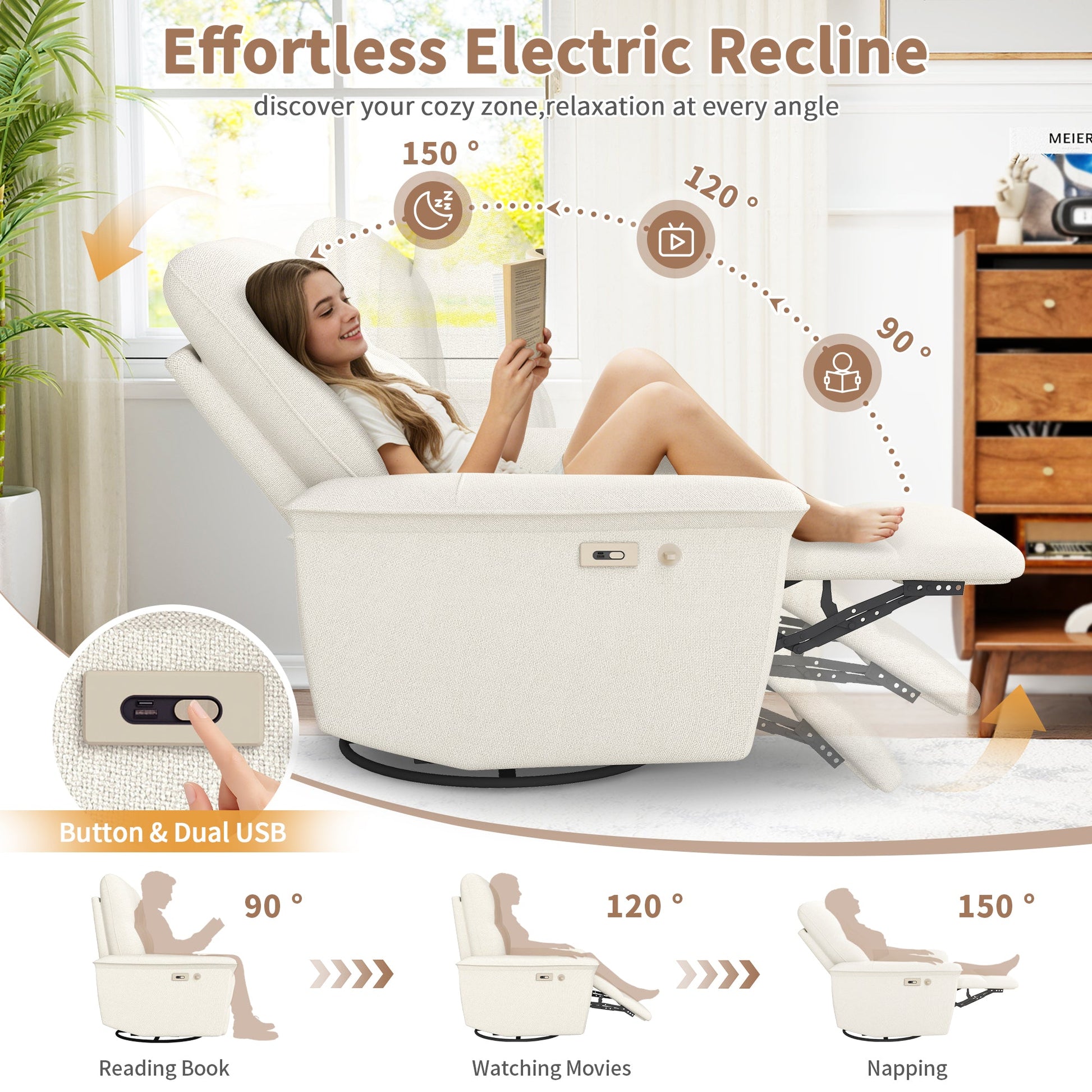 270° Power Swivel Rocker Recliner Chair with Phone Holder in beige fabric, USB ports on Tampa Home & Garden Store