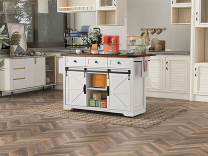 K&K 53.7in farmhouse kitchen island with power outlet, white finish, wood top, on casters on Tampa Home & Garden Store