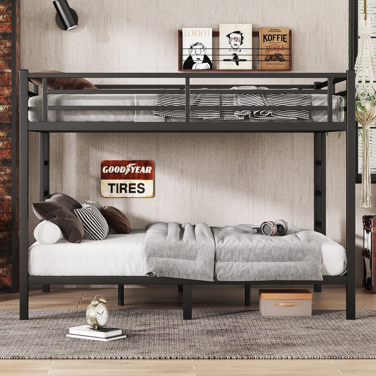 Metal Queen Over Queen bunk bed by HouseOfZazla in dark gray finish with striped bedding on Tampa Home & Garden Store