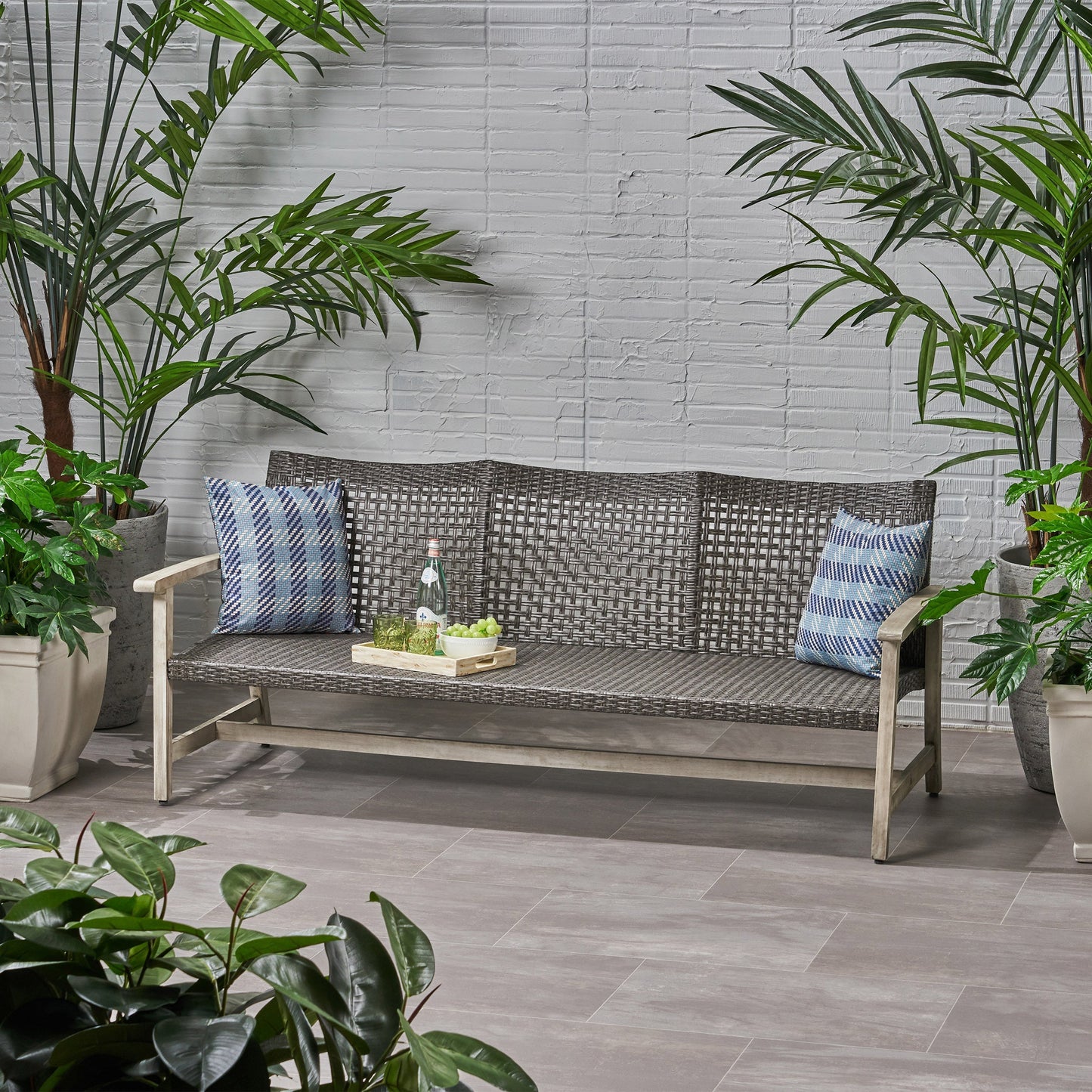 Outdoor Acacia Wood Wicker 3 Seater Sofa with dark brown wicker and light wood frame on Tampa Home & Garden Store