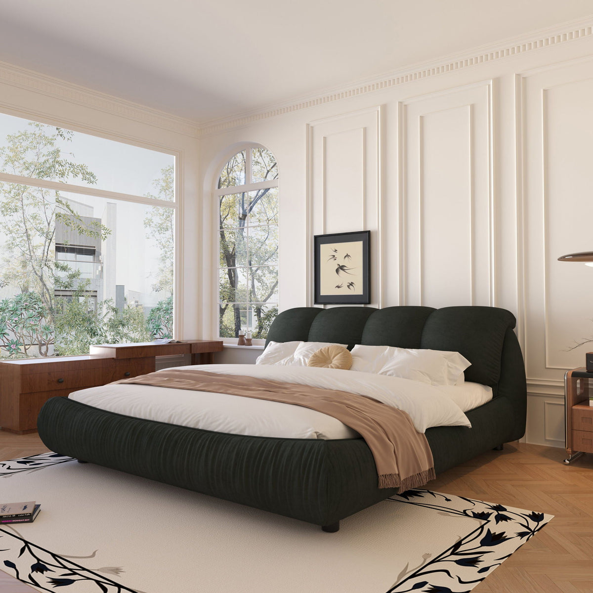 Luxury upholstered platform bed with oversized padded backrest in dark green velvet on Tampa Home & Garden Store
