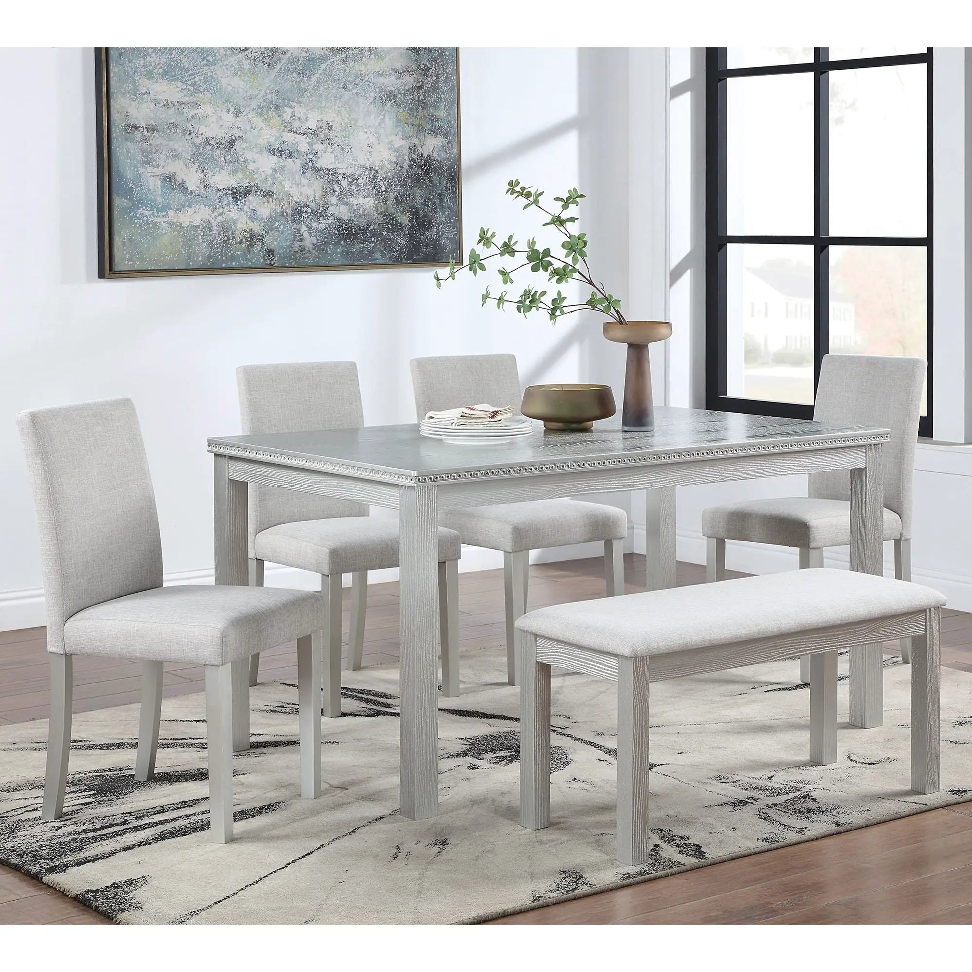 5 Piece Dining Table Set with Crystal Decoration and Upholstered Chairs in gray finish on Tampa Home & Garden Store