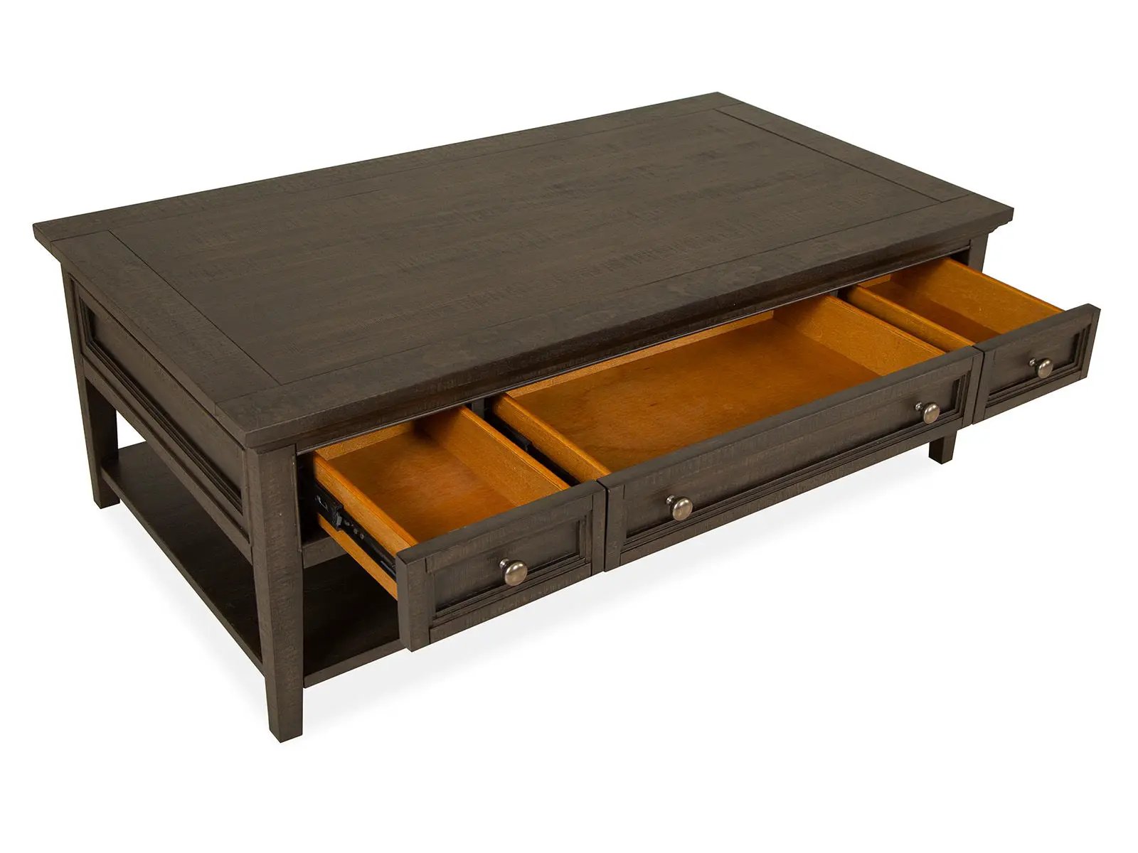 Westley Falls rectangular cocktail table graphite with two front drawers and lower shelf on Tampa Home & Garden Store