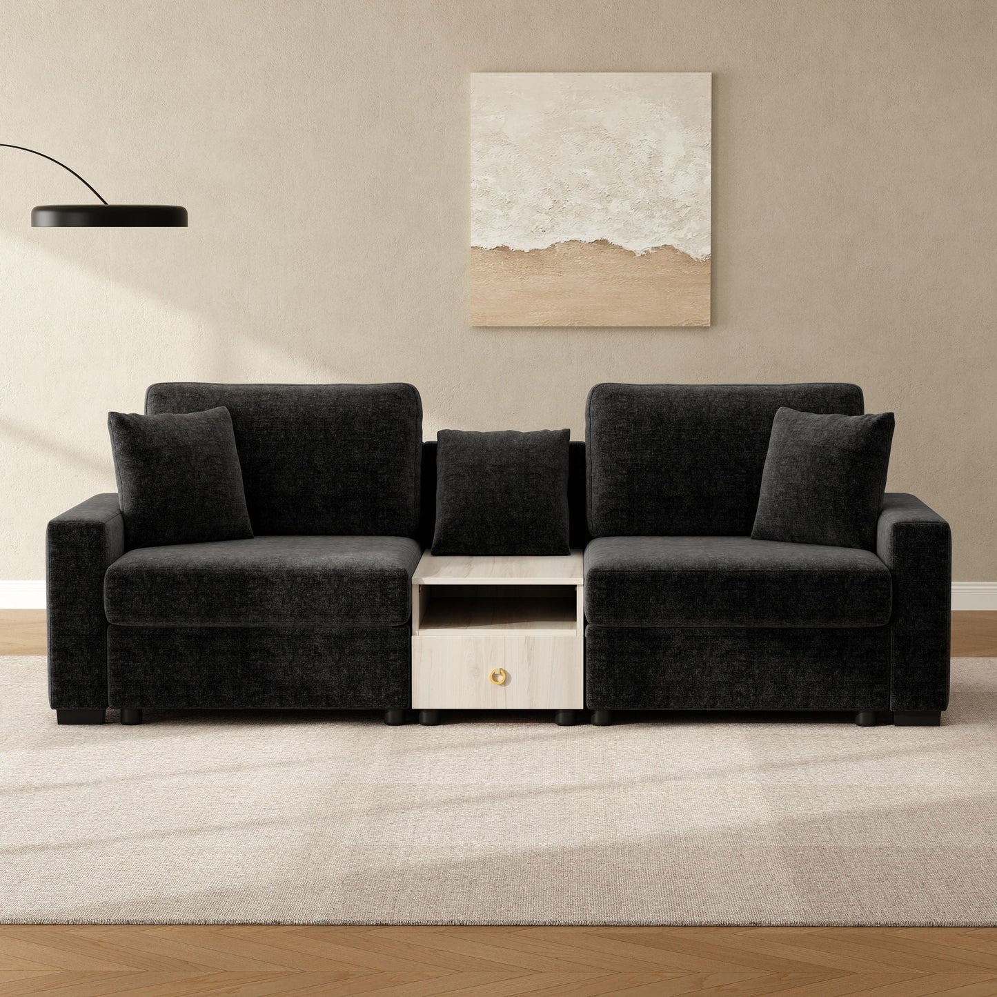 Modular sofa couch with storage armrest and console in black fabric with light wood mid console on Tampa Home & Garden Store