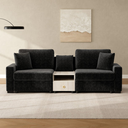 Modular sofa couch with storage armrest and console in black fabric with light wood mid console on Tampa Home & Garden Store