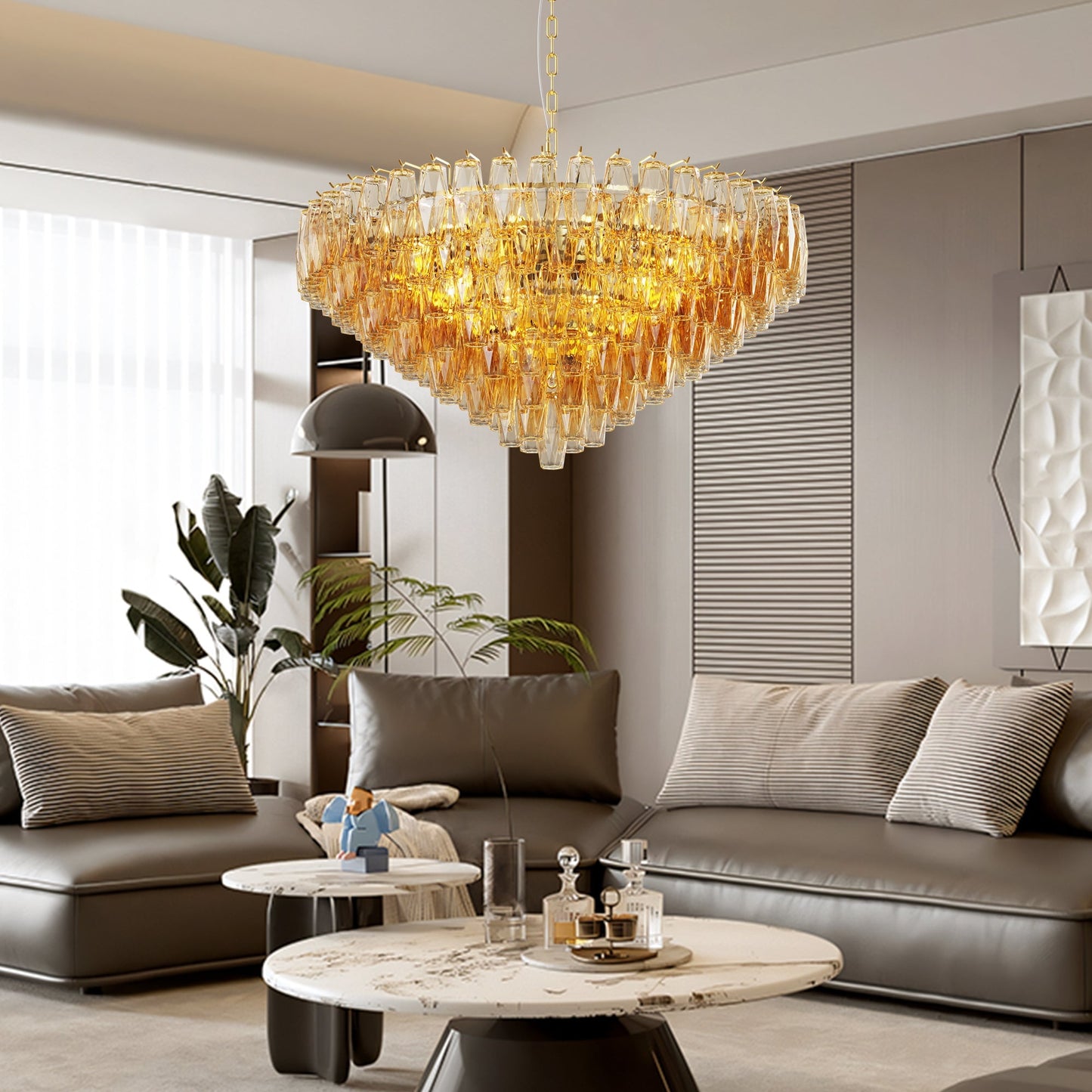 Chandelier 37-inch gold modern round 14-light with amber glass drops by HouseOfZazla on Tampa Home & Garden Store