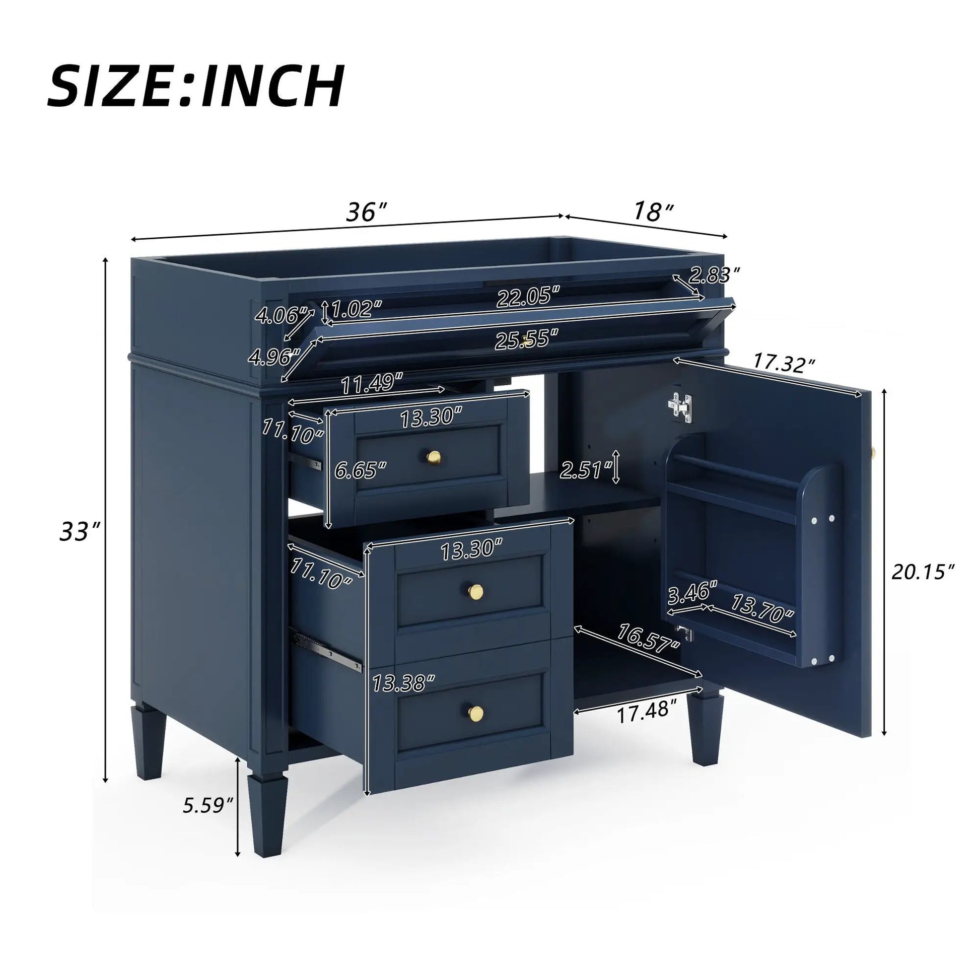 Bathroom vanity base with 2 drawers and tip-out drawer navy blue by Unique Piece Furniture on Tampa Home & Garden Store