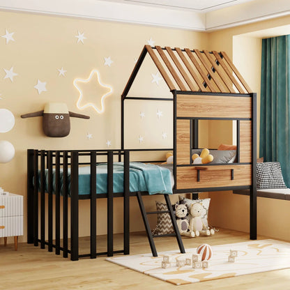 Loft Bed With Roof and Window Guardrail Ladder