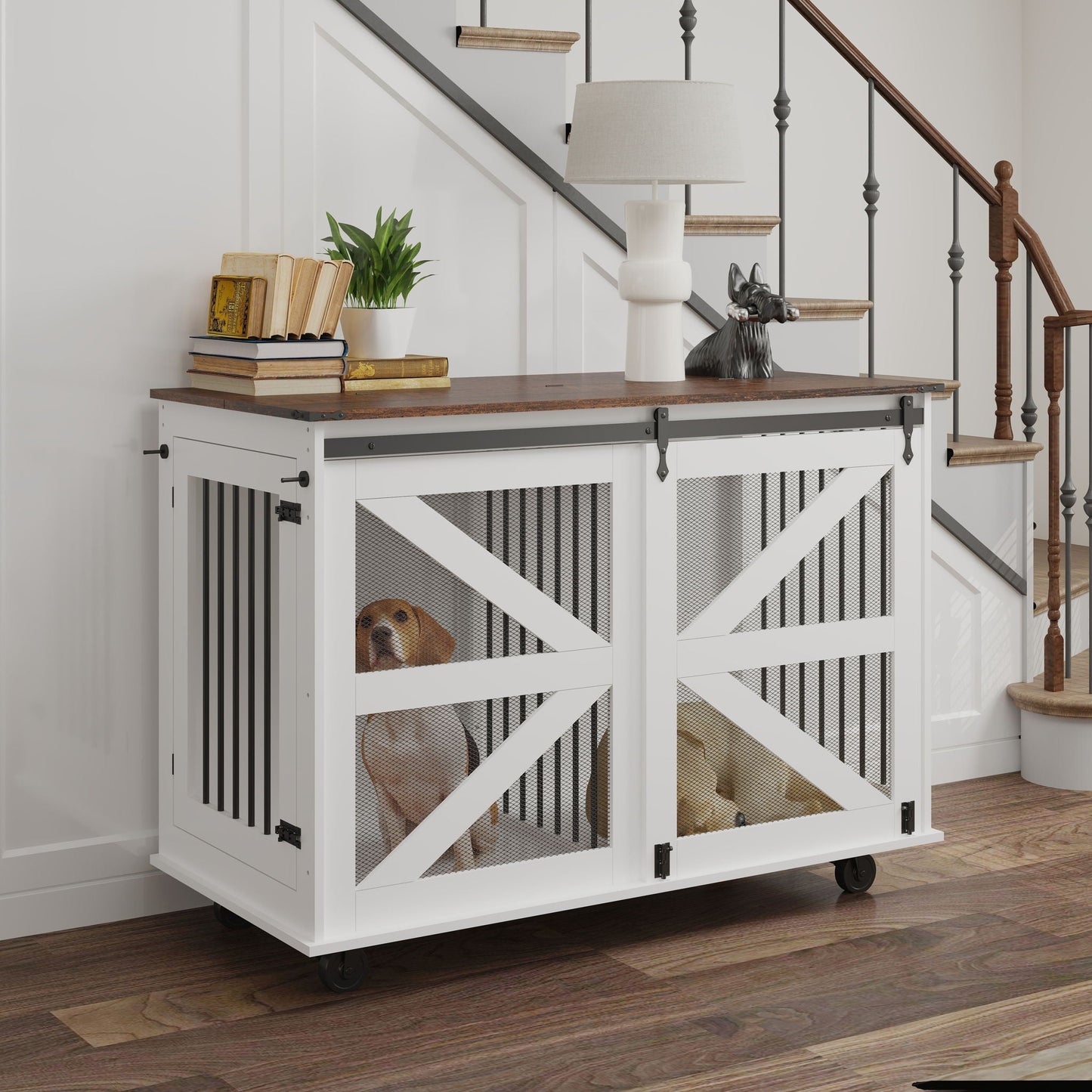 Mobile dog crate on wheels white and brown finish with diagonal cross panels and metal mesh on Tampa Home & Garden Store