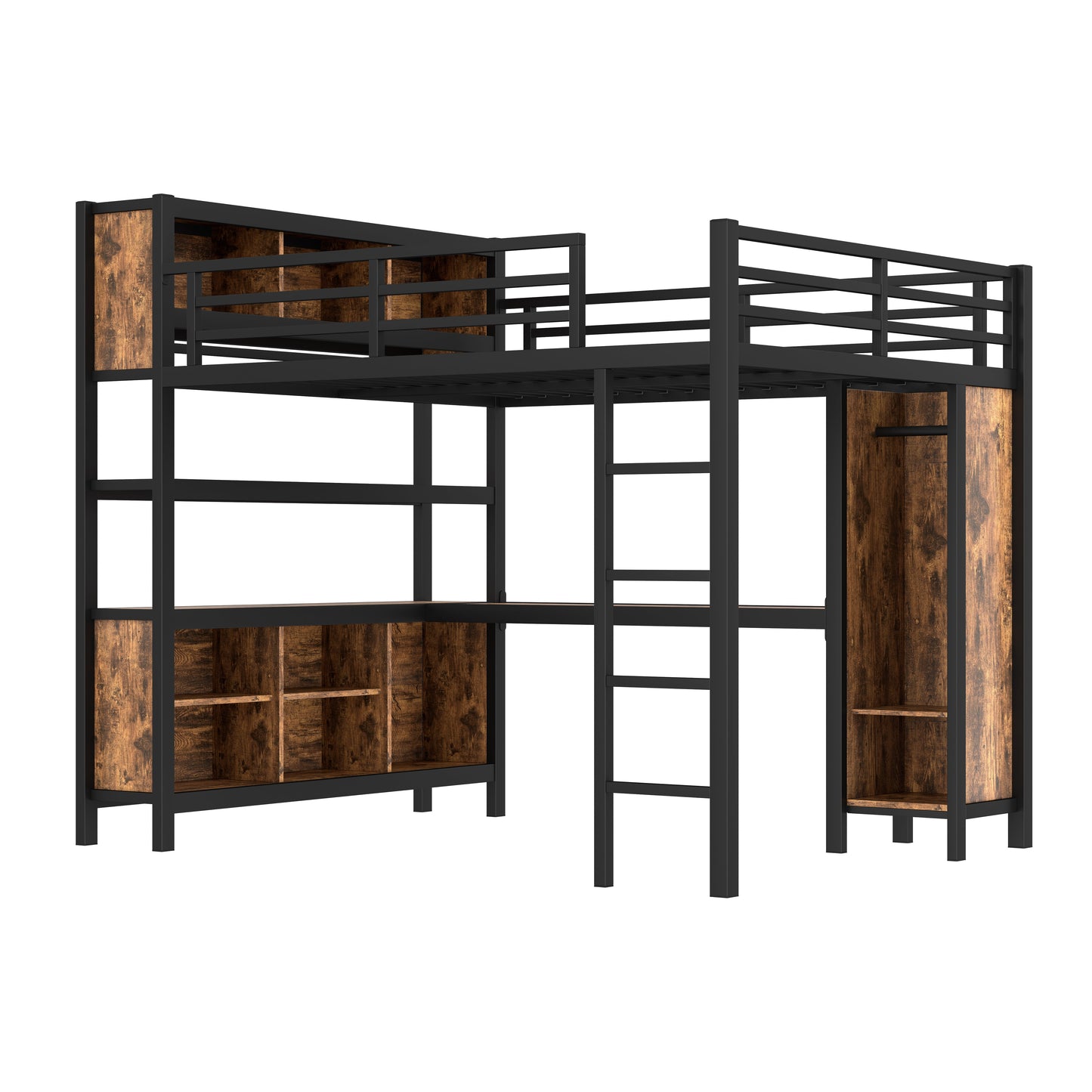 Metal Loft Bed with Wardrobe and L-Shaped Desk by HouseOfZazla, dark gray frame with wood panels on Tampa Home & Garden Store