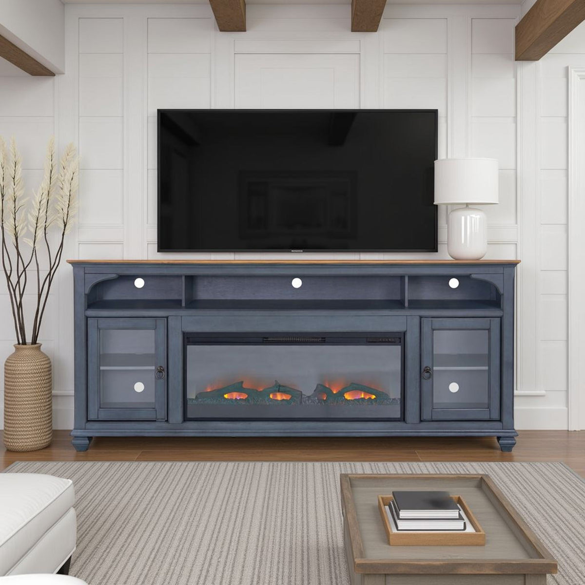 Fireplace TV Stand blue by HouseOfZazla with glass doors and fireplace insert on Tampa Home & Garden Store