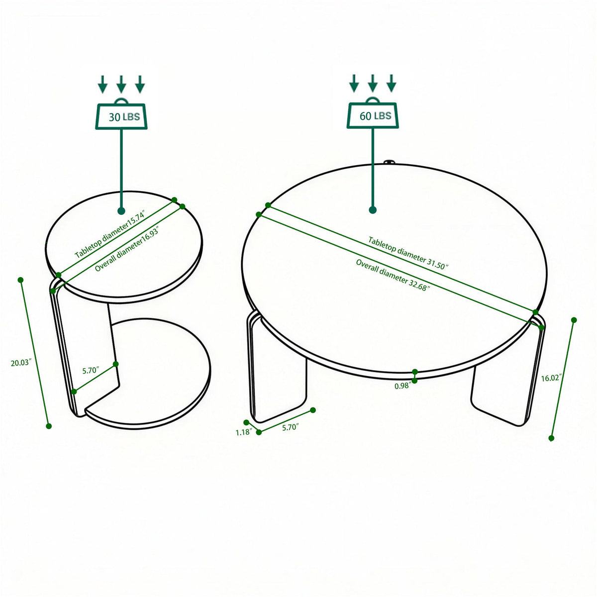 Round coffee & end table set faux marble wood top diagram with dimensions and loads 30 & 60 lbs on Tampa Home & Garden Store