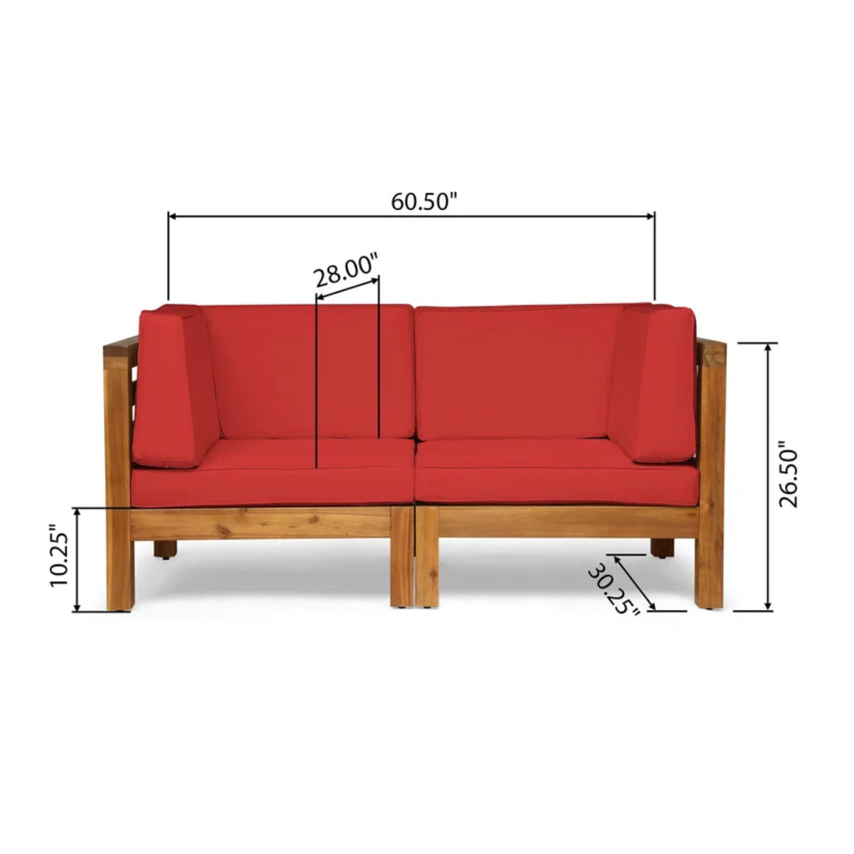 Oana 2-piece loveseat set with water resistant cushions in red fabric and wood frame on Tampa Home & Garden Store