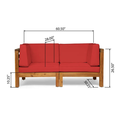 Oana 2-piece loveseat set with water resistant cushions in red fabric and wood frame on Tampa Home & Garden Store
