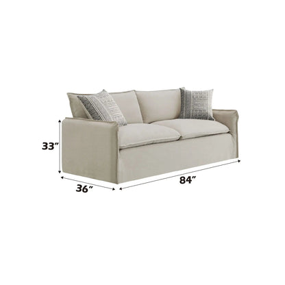 Upendo Pattern Linen Sofa beige with 2 decorative toss pillows, 84in L x 36in D x 33in H on Tampa Home & Garden Store