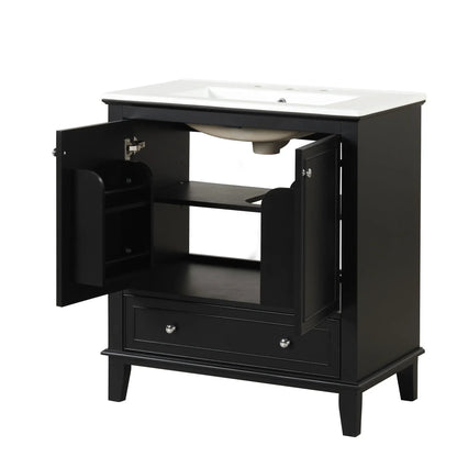 30-inch black bathroom vanity with white sink, dual doors and single drawer on Tampa Home & Garden Store