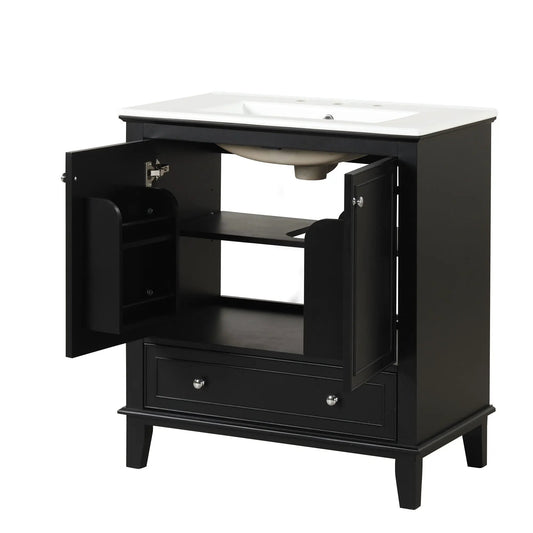 30-inch black bathroom vanity with white sink, dual doors and single drawer on Tampa Home & Garden Store