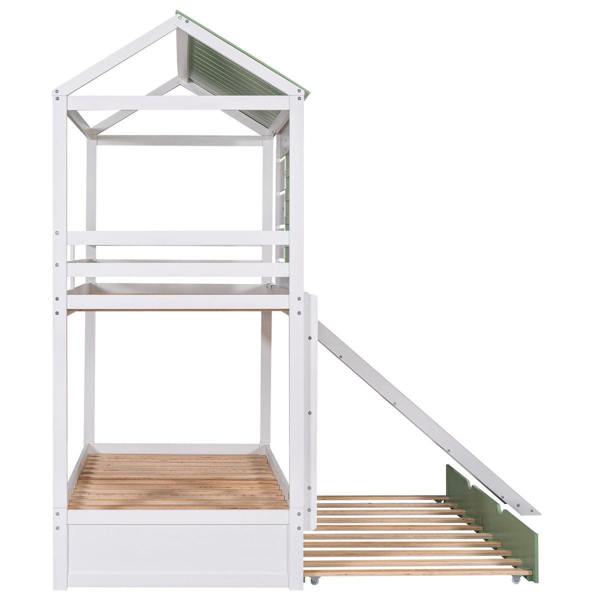 Twin over twin bunk bed in white with built-in slide and under-bed trundle by HouseOfZazla on Tampa Home & Garden Store