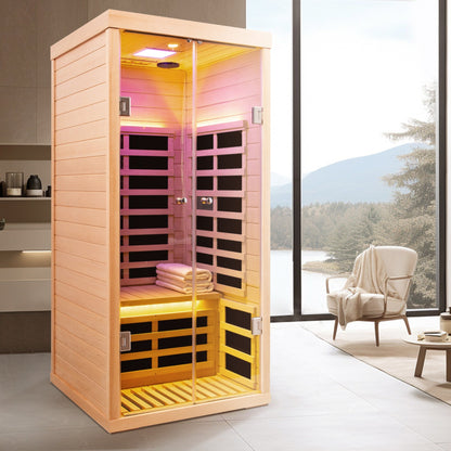 Low EMF infrared double sauna room with Bluetooth & LED lighting in natural wood, glass doors on Tampa Home & Garden Store