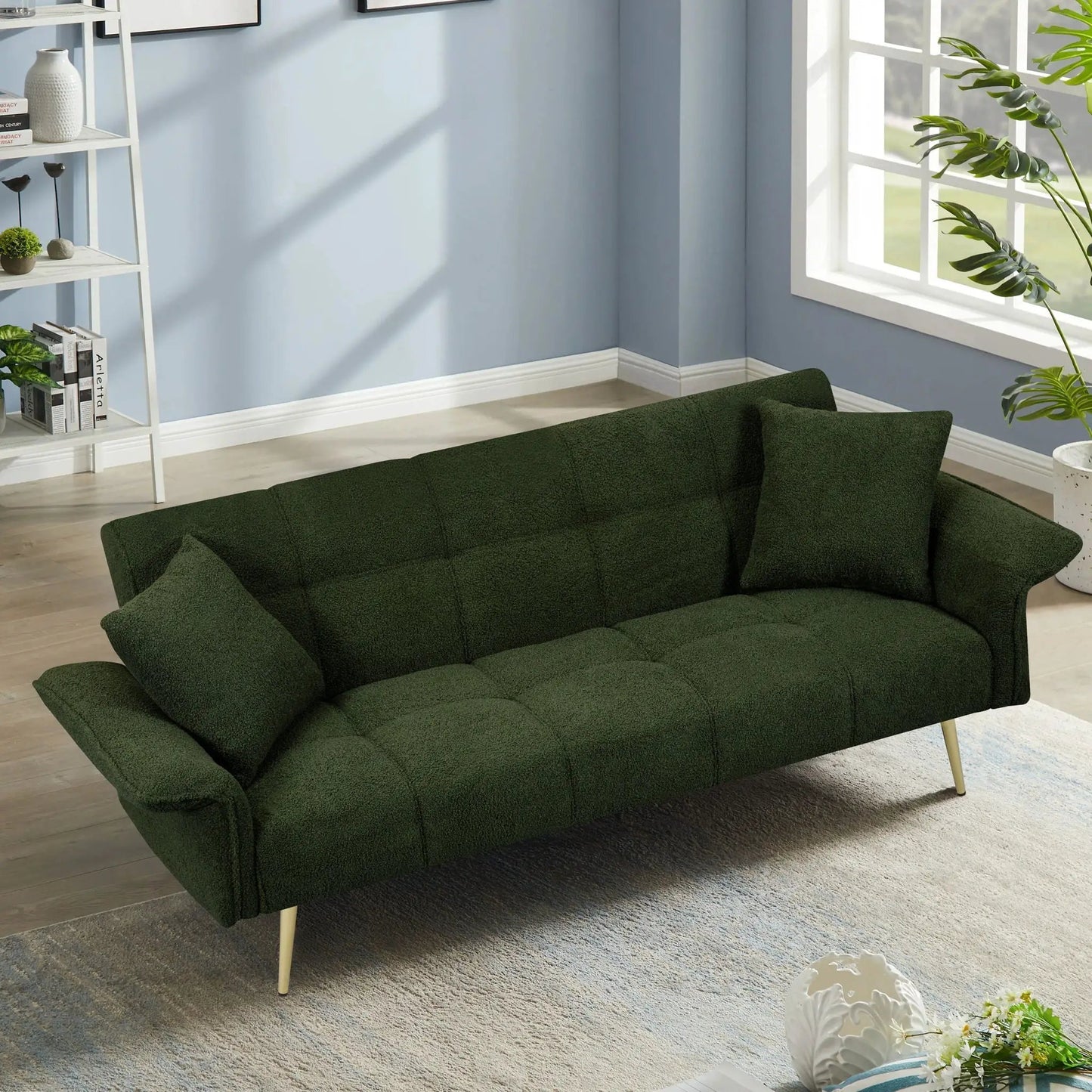 Convertible double futon sofa bed in green textured fabric with folding armrests on Tampa Home & Garden Store
