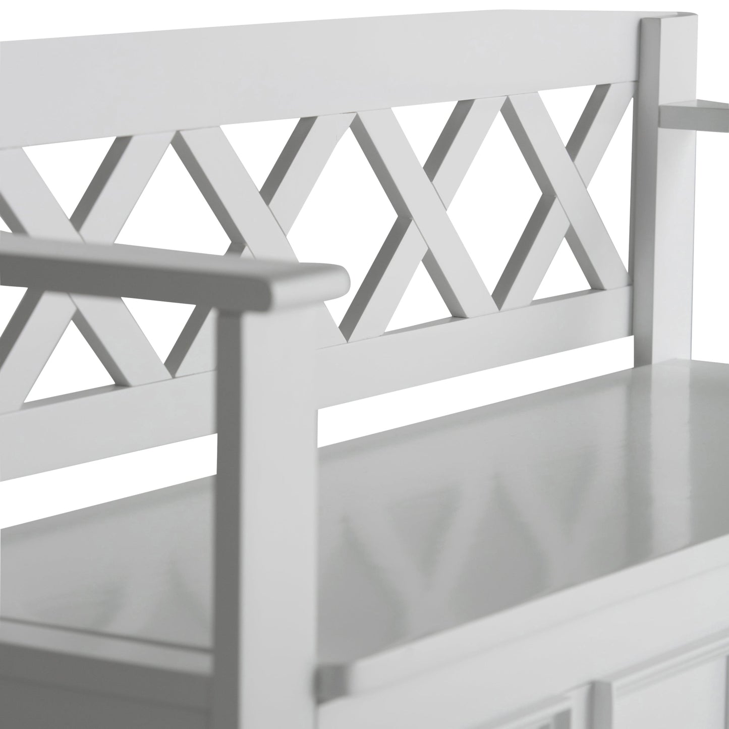 Amherst Solid Wood Entryway Storage Bench in white with crisscross lattice panels on Tampa Home & Garden Store