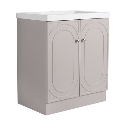 Freestanding vanity with resin sink, gray cabinet, two arched doors, white countertop on Tampa Home & Garden Store