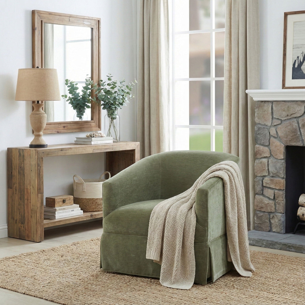 Skirted swivel chair dark green upholstery HouseOfZazla with 360-degree rotation on Tampa Home & Garden Store