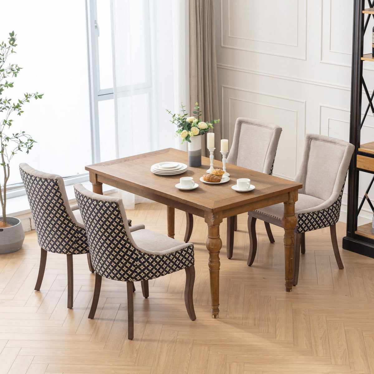 Ultra Side Dining Chair Set of 4 with wood legs and beige patterned upholstery around table on Tampa Home & Garden Store
