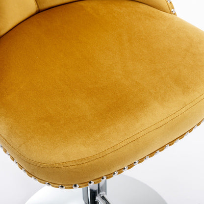 Swivel height bar stools set of 2 with mustard yellow suede upholstery and chrome nailhead trim on Tampa Home & Garden Store