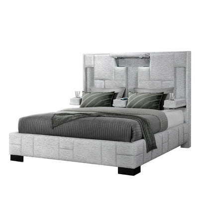 Yaris bed upholstered in light gray fabric with paneled headboard HouseOfZazla on Tampa Home & Garden Store