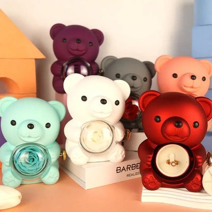 Teddy bear jewelry boxes with rotating rose centerpiece, six colorful bears in red white mint pink purple gray on Tampa Home & Garden Store