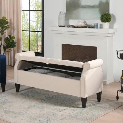 Jacqueline Tufted Roll-Arm Storage Bench in cream fabric with hidden storage and dark legs on Tampa Home & Garden Store