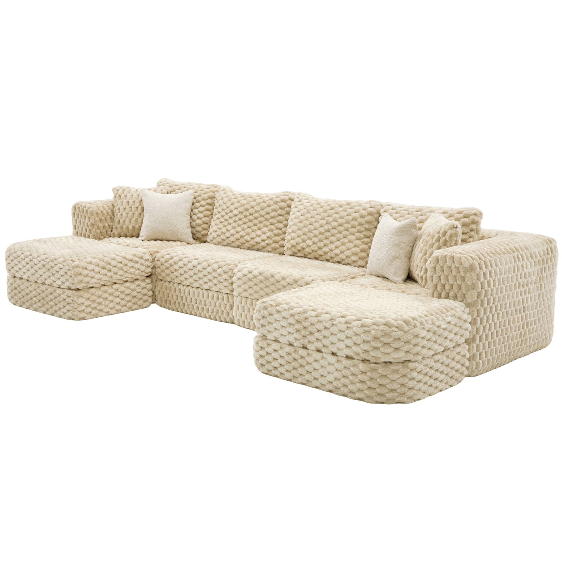 Modular sectional sofa beige chunky-knit fabric with 2 movable ottomans HouseOfZazla on Tampa Home & Garden Store