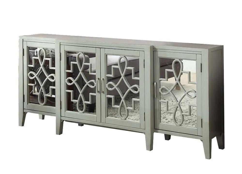 Kacia Console Cabinet, four-door accent cabinet in light gray-green with mirrored doors on Tampa Home & Garden Store