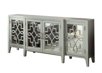 Kacia Console Cabinet, four-door accent cabinet in light gray-green with mirrored doors on Tampa Home & Garden Store