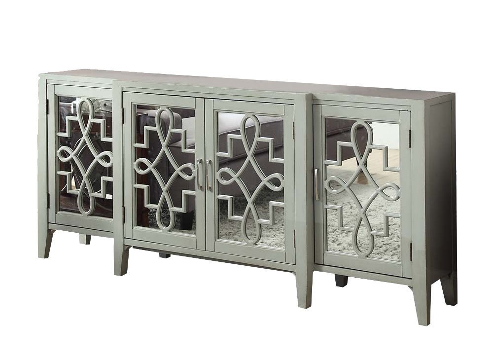 Kacia Console Cabinet by HouseOfZazla, gray-green accent cabinet with mirrored doors on Tampa Home & Garden Store
