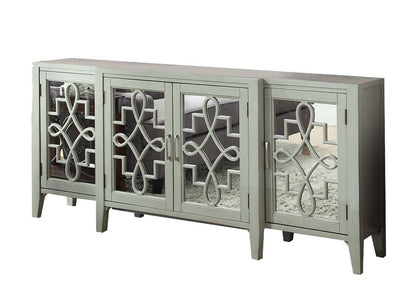 Kacia Console Cabinet by HouseOfZazla, gray-green accent cabinet with mirrored doors on Tampa Home & Garden Store