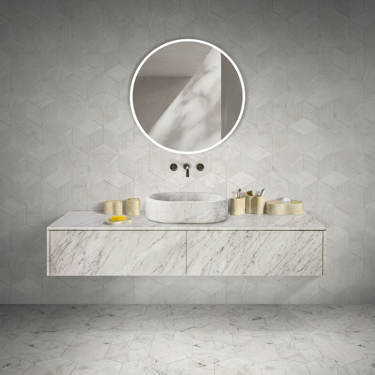 Elegant natural marble bathroom accessories set by HouseOfZazla on marble vanity with mirror on Tampa Home & Garden Store