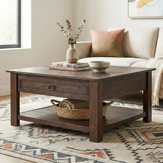 Monroe handcrafted side table in dark wood with lower shelf; vase on top on Tampa Home & Garden Store