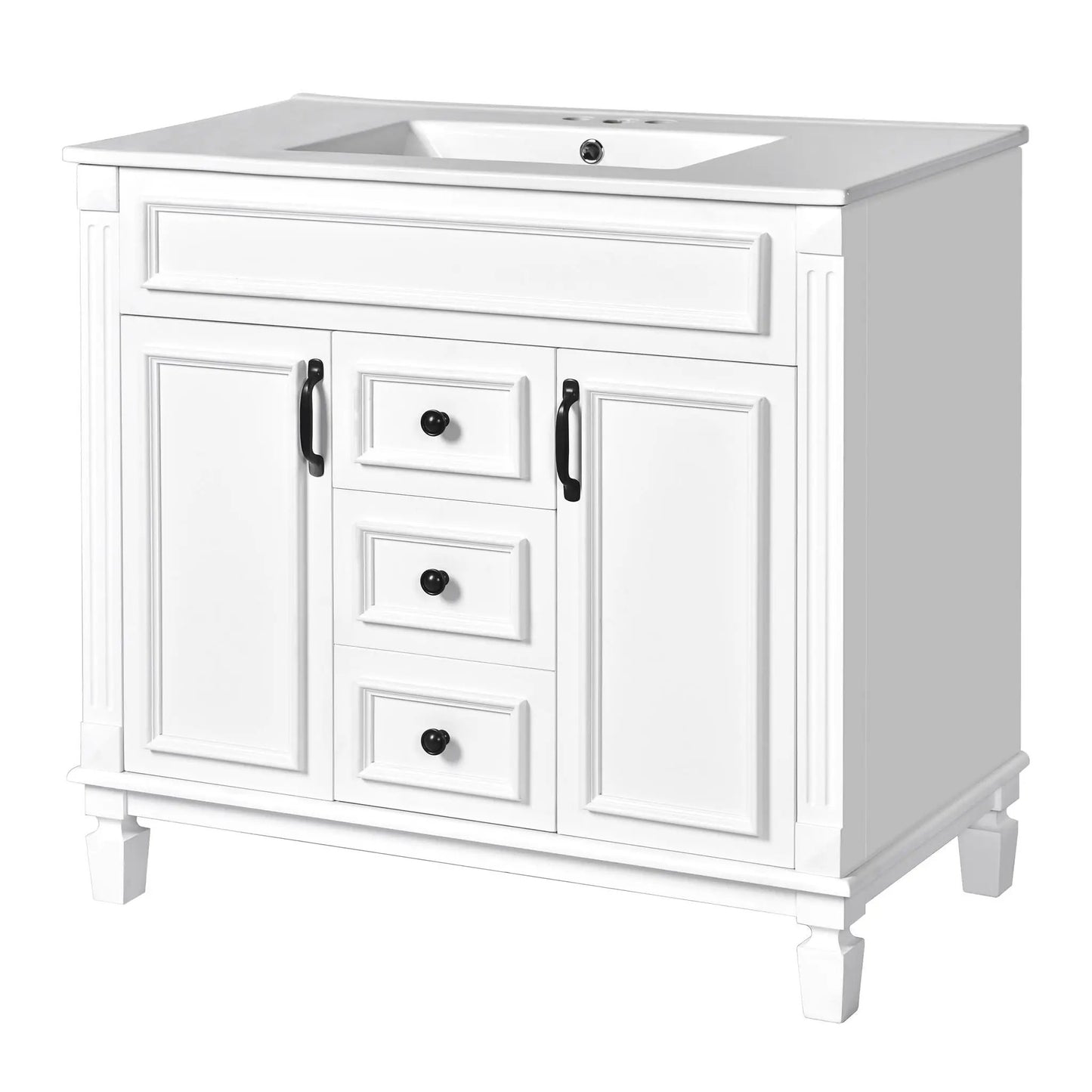 White bathroom vanity with top sink, two soft-close doors and two drawers, black handles on Tampa Home & Garden Store