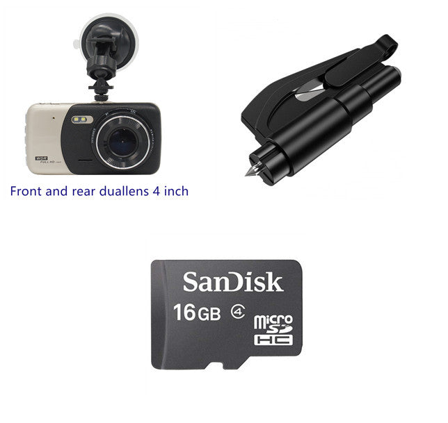 4-inch dual-lens dash cam black body with suction mount and 16GB SanDisk microSD card on Tampa Home & Garden Store