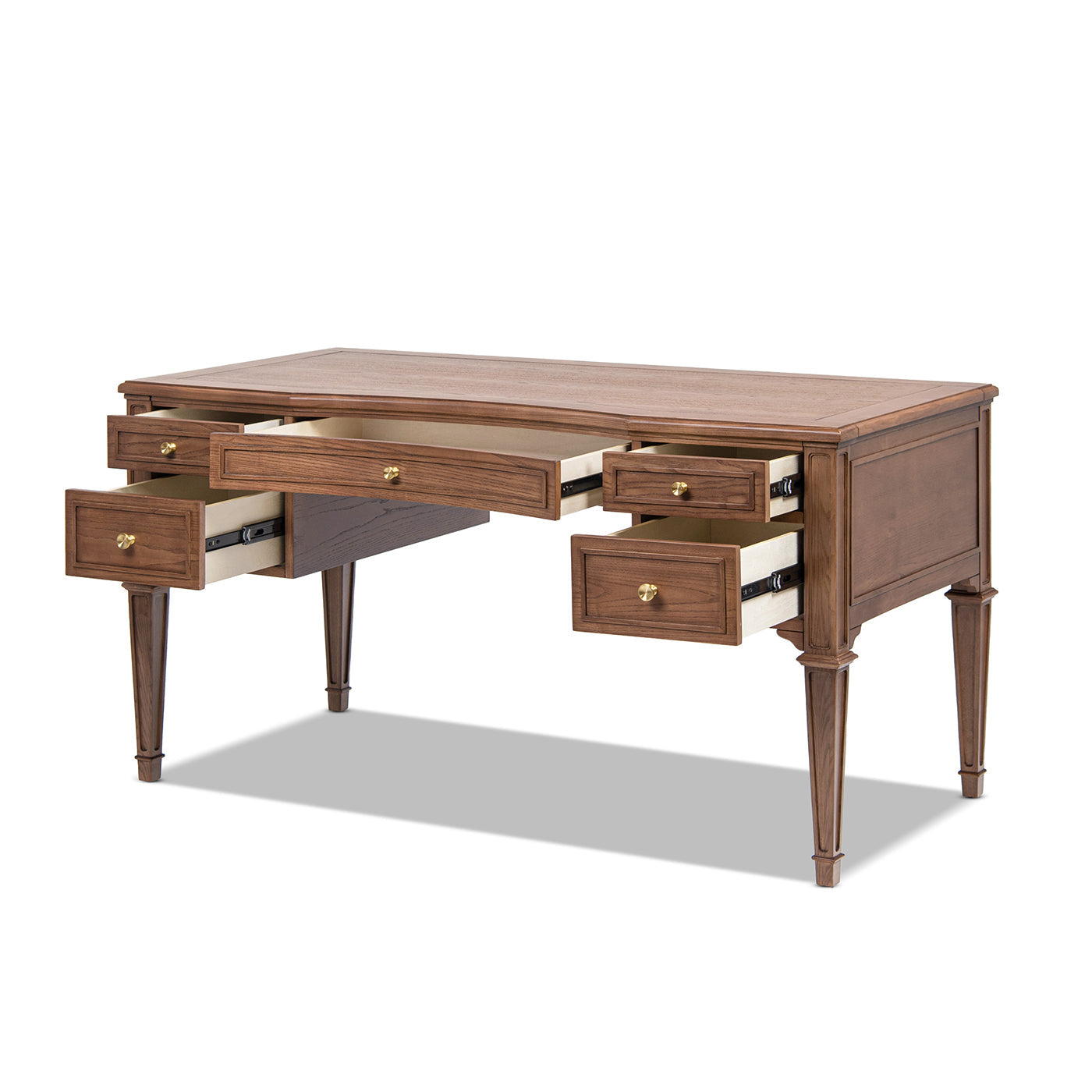 Dauphin Gold Accent 5-drawer executive desk in brown ash wood veneer with brass knob pulls on Tampa Home & Garden Store