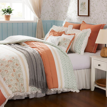 9 Piece Cotton Percale Comforter Set Coral Queen by HouseOfZazla with orange coral tones and floral printed bedding on bed on Tampa Home & Garden Store