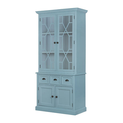 Solid acacia wood accent cabinet with blue finish and glass-front upper doors on Tampa Home & Garden Store