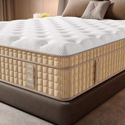 HouseOfZazla 14in hybrid mattress with innerspring gel memory foam quilted top on beige base on Tampa Home & Garden Store