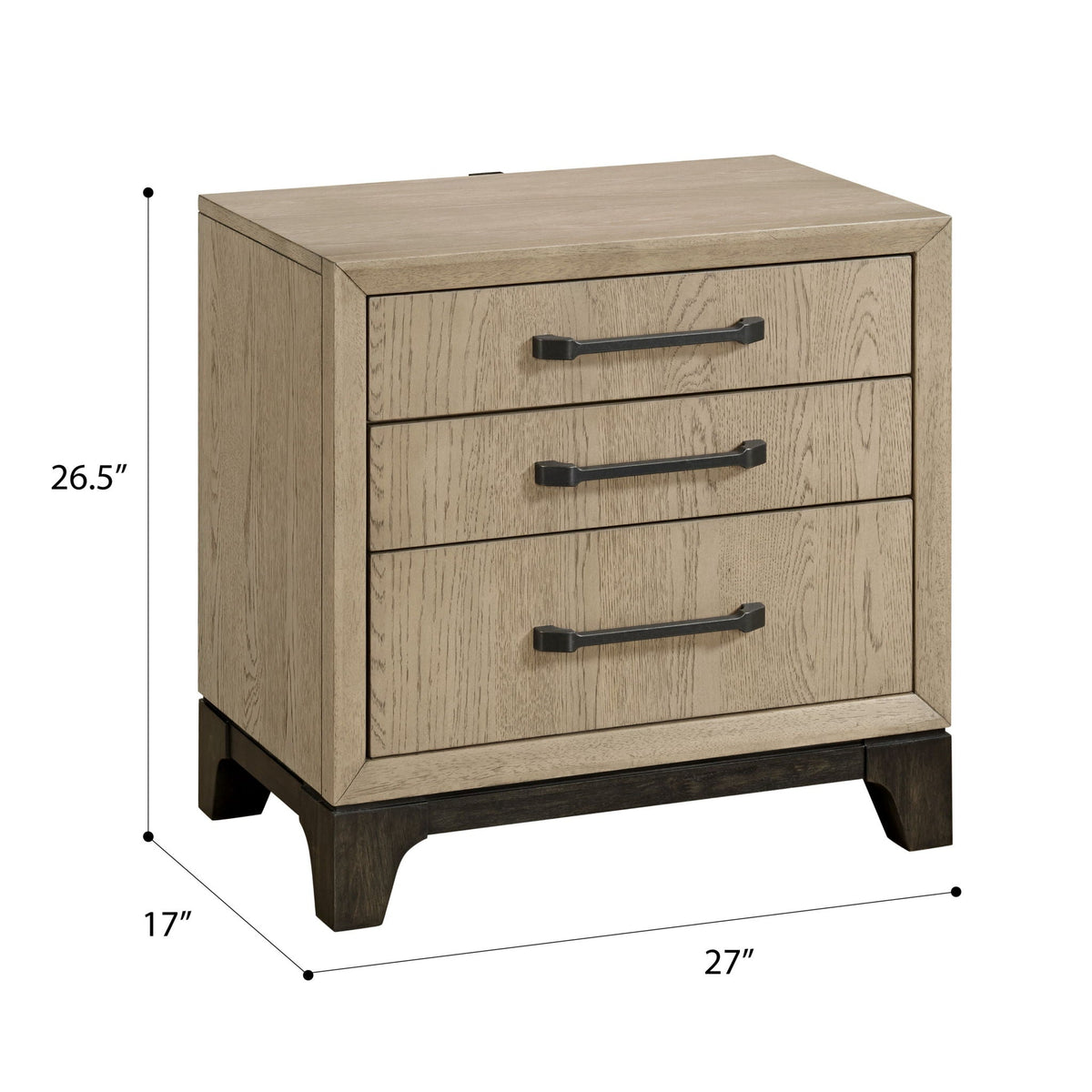 3 Drawer Nightstand in brown wood finish with USB charging port and black metal pulls on Tampa Home & Garden Store