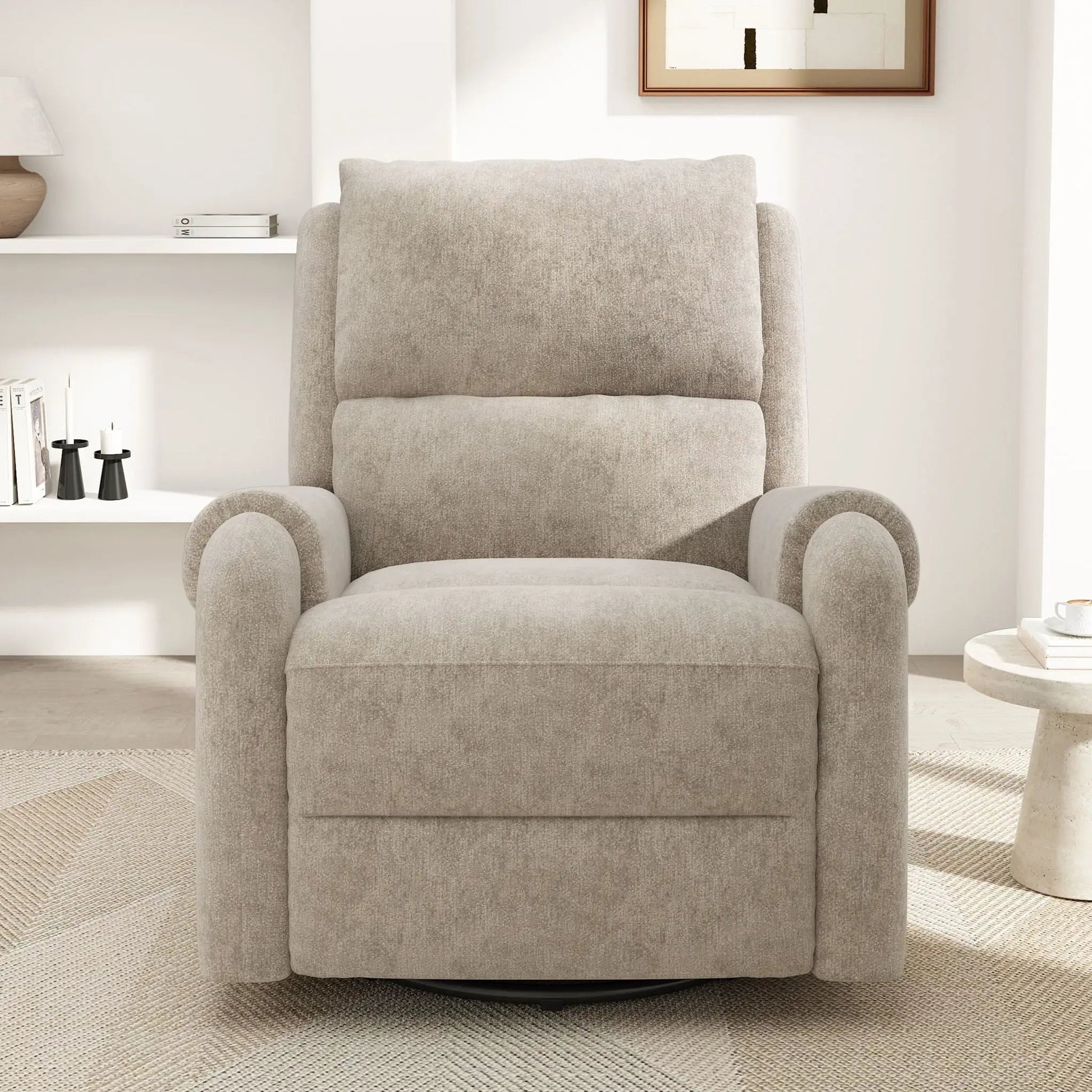 Manual Recliner Massage Chair with swivel rocker in light taupe fabric 8 massage modes on Tampa Home & Garden Store