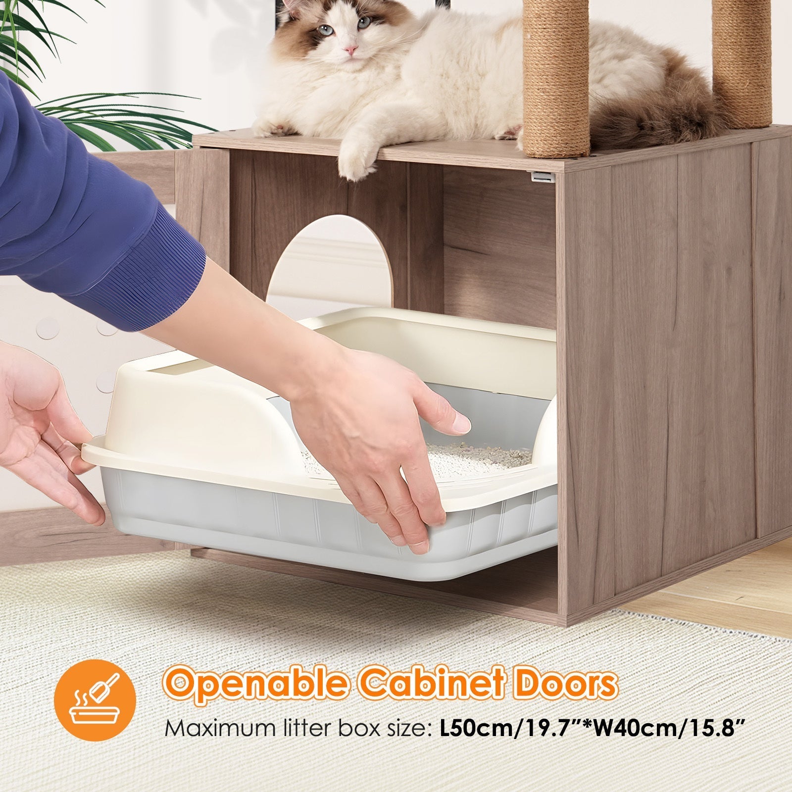 Cat Tree with Litter Box Enclosure by HouseOfZazla in light wood finish with openable cabinet doors on Tampa Home & Garden Store