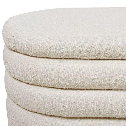 Fuji Upholstered Oval Storage Bench by HouseOfZazla in cream boucle fabric, 3 stacked cushions on Tampa Home & Garden Store