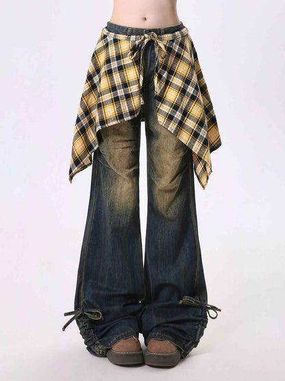 Plaid wrap skirt over dark bootcut jeans with waist tie casual layered look on Tampa Home & Garden Store
